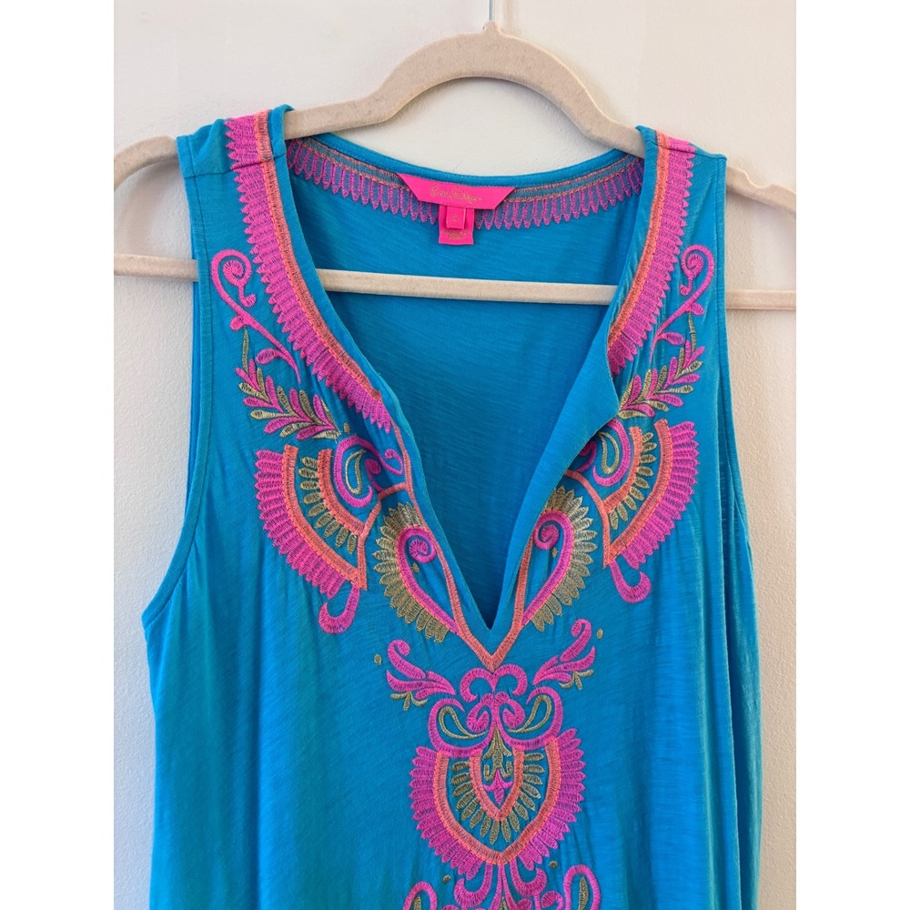 Lilly Pulitzer Blue Embroidered Pom Pom‎ Maxi Dress Sleeveless Cover Up Small - Picture 6 of 9